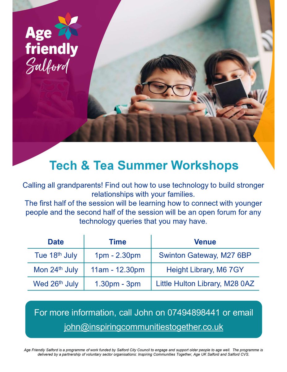 AgeSalford's tweet image. Join us for Tech & Tea and boost your tech skills and confidence online safety,information searching, and more
Contact John for more information
07494898441
AFS@inspiringcommunitiestogther.co.uk
#TechAndTea #TechnologyCourse #OnlineSafety #AgeFriendly @ageukSalford @SalfordCVS