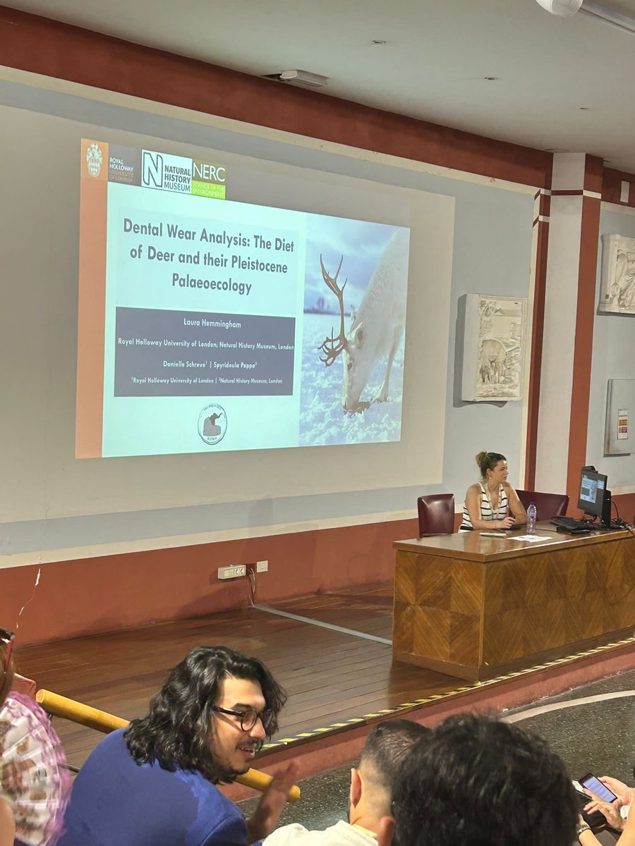 CQRRHUL's tweet photo. First up, @LHemmingham presenting her @London_NERC_DTP PhD research  on the dietary #palaeoecology of Late Pleistocene British deer 🦌 #INQUARoma2023 #Palaeontology #RHULGeogPostgrad https://t.co/sNZjL6dXj0