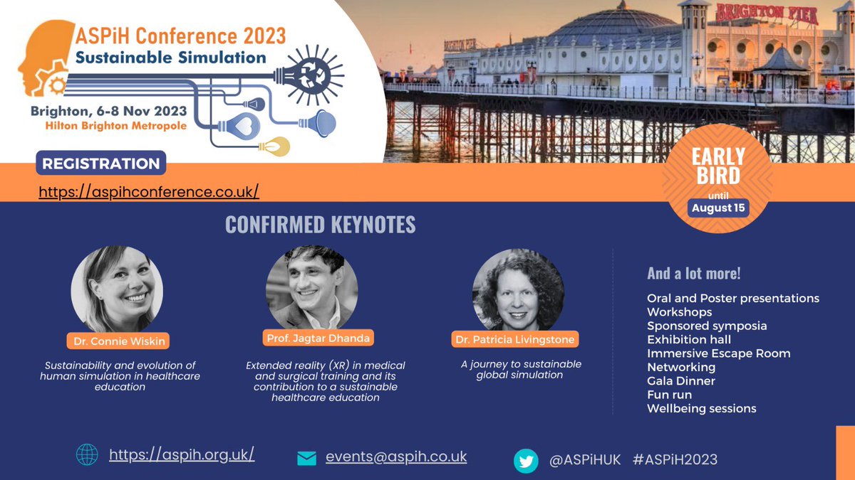 Conference #ASPiH2023 is shaping up nicely: the early bird rate closes on 15th August thanks to all our partners and sponsors @simzine21 @SESAMSimulation @siren_sesam @IJoHSim @SSHorg @Laerdal_UK @CAEHealthcare @GaumardInFocus @AdamRouilly @smotslive and Som Converse