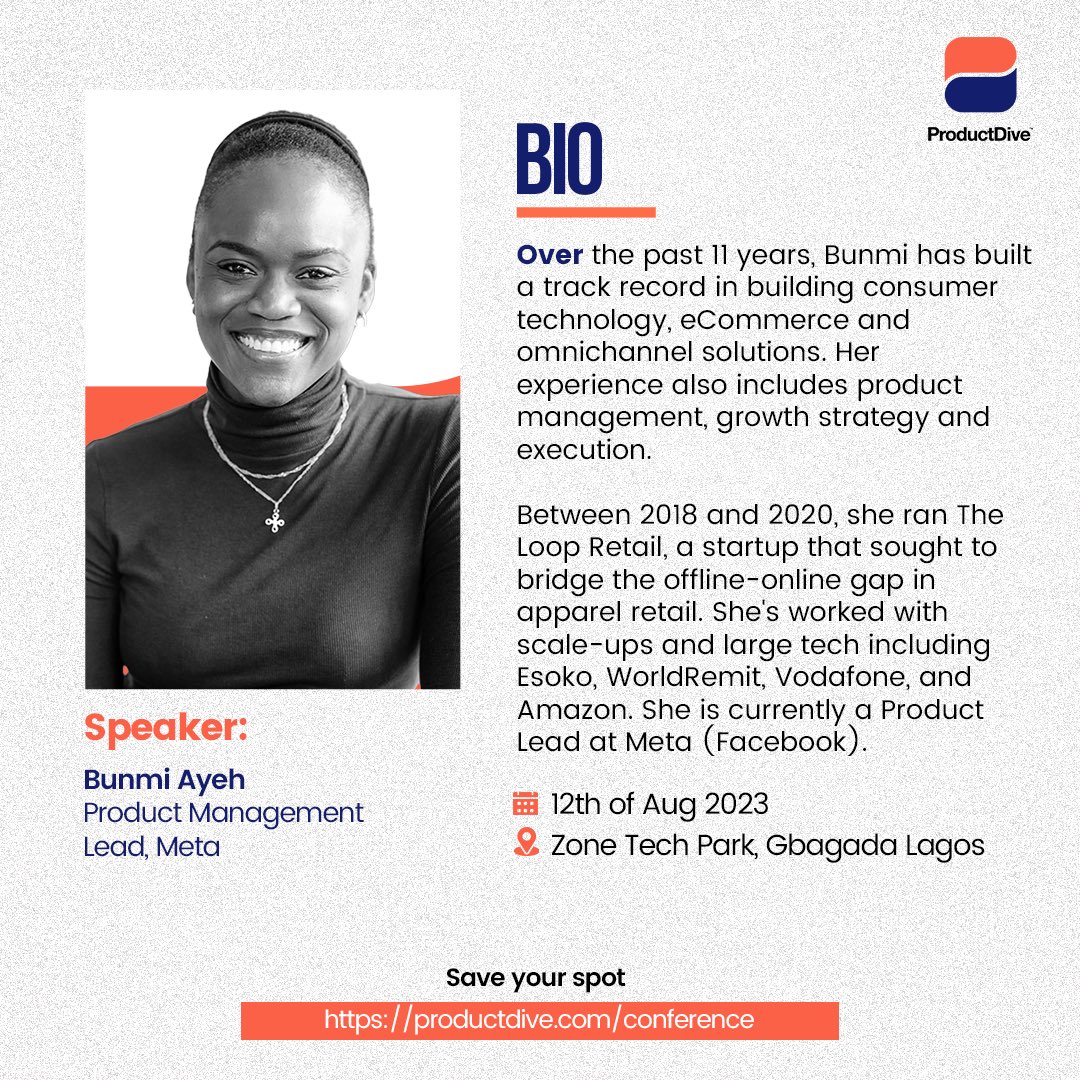 We are excited to announce <a href="/Ayehbabea/">Bunmi Ayeh</a>, PM, Lead, Meta as a featured speaker at The DIVE 2023, Product Leadership Conference. 💃🕺

Bunmi has built a track record in building consumer technology, eCommerce and omnichannel solutions. 

Click link to register lnkd.in/d292BCHH