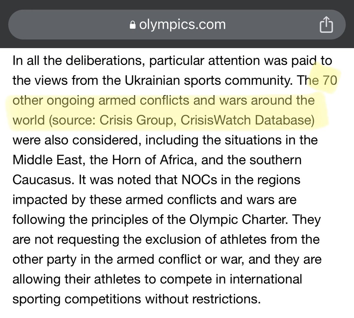 Here’s a blatant mistruth from @iocmedia.

They admit they used the CrisisWatch database to get that 70 figure - but that’s an early warning tool for risks of conflict that happens to monitor 70 countries.

I was too kind to them in earlier tweets when I said the IOC was relying…