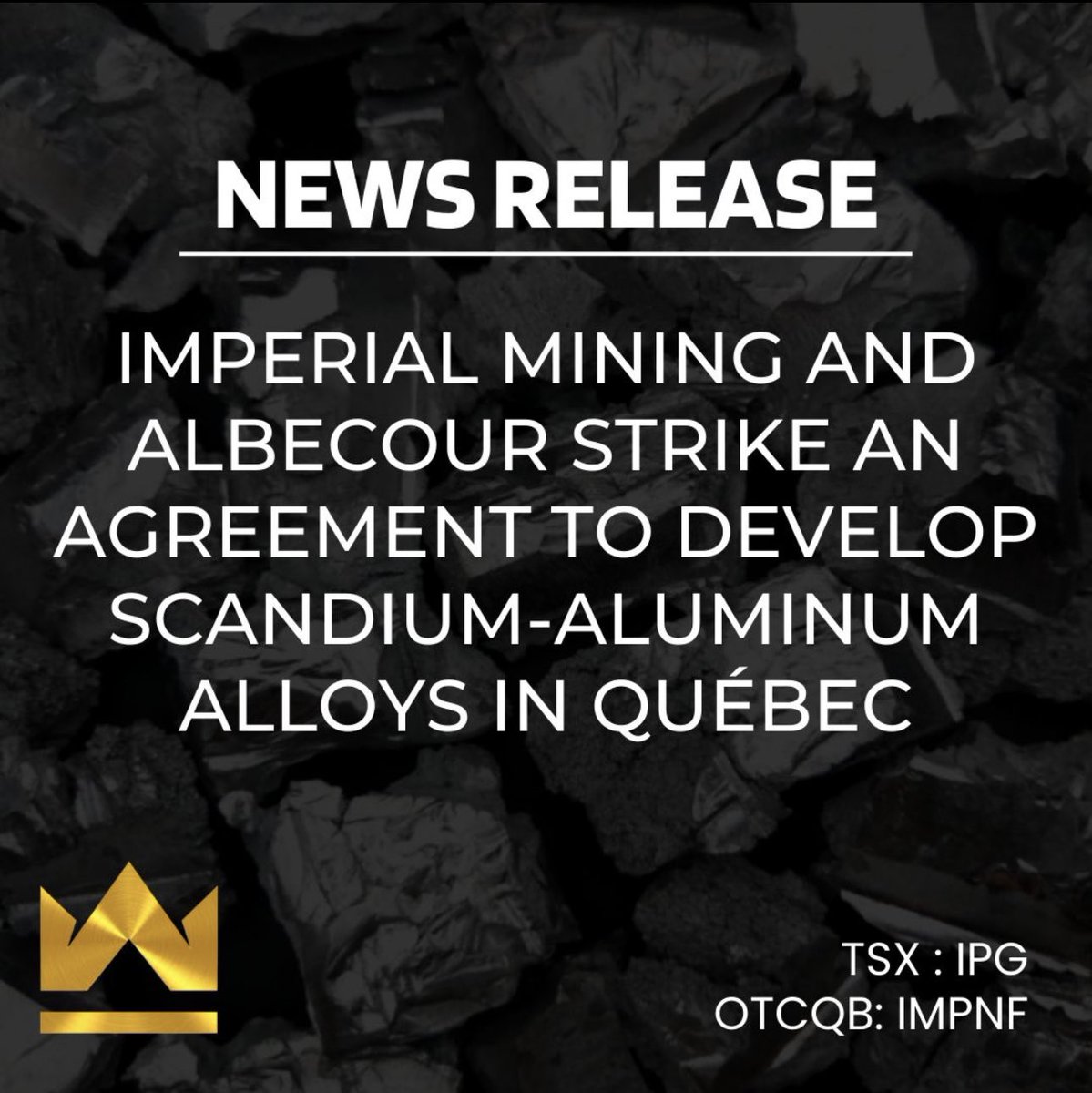 ScandiumCanada's tweet photo. News Release (July 13, 2023)
Imperial Mining and Albecour Strike an Agreement to Develop Scandium-Aluminum Alloys in Québec
https://t.co/juigZeYaNV
#scandium #criticalminerals #miningnews #miningQuebec #aluminium #mining $IPG.V https://t.co/gOyYSBMTFr