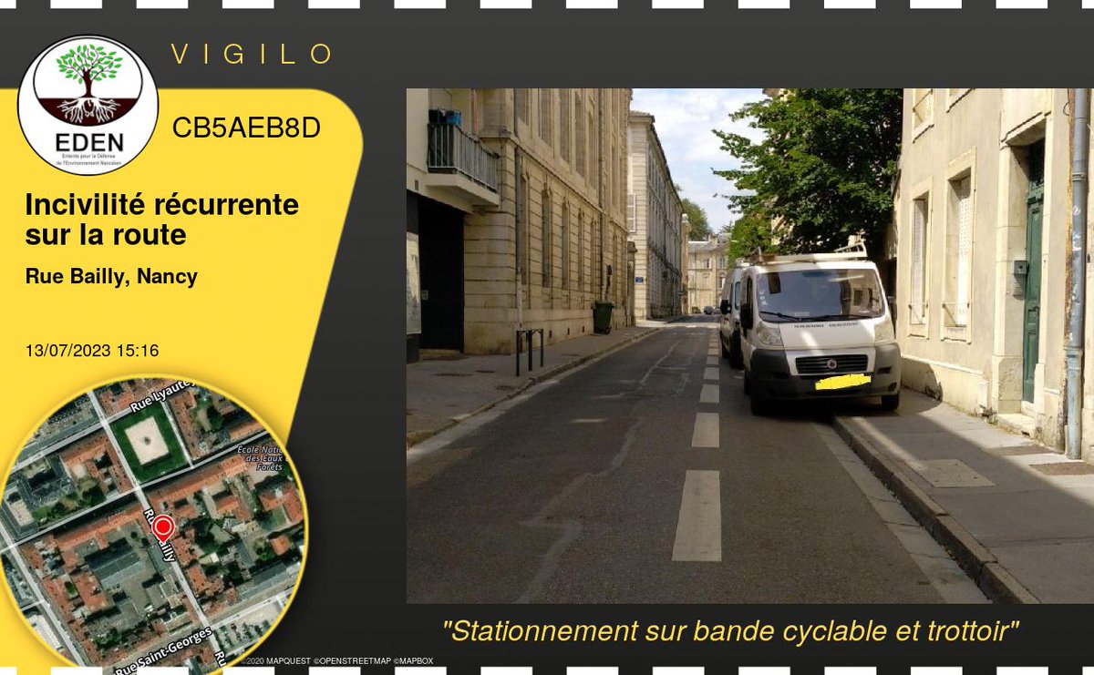 VigiloNancy's tweet photo. Stationnement sur bande cyclable et trottoir à #Nancy (Incivilité récurrente sur la route - CB5AEB8D) https://t.co/XYoUsVTD1I