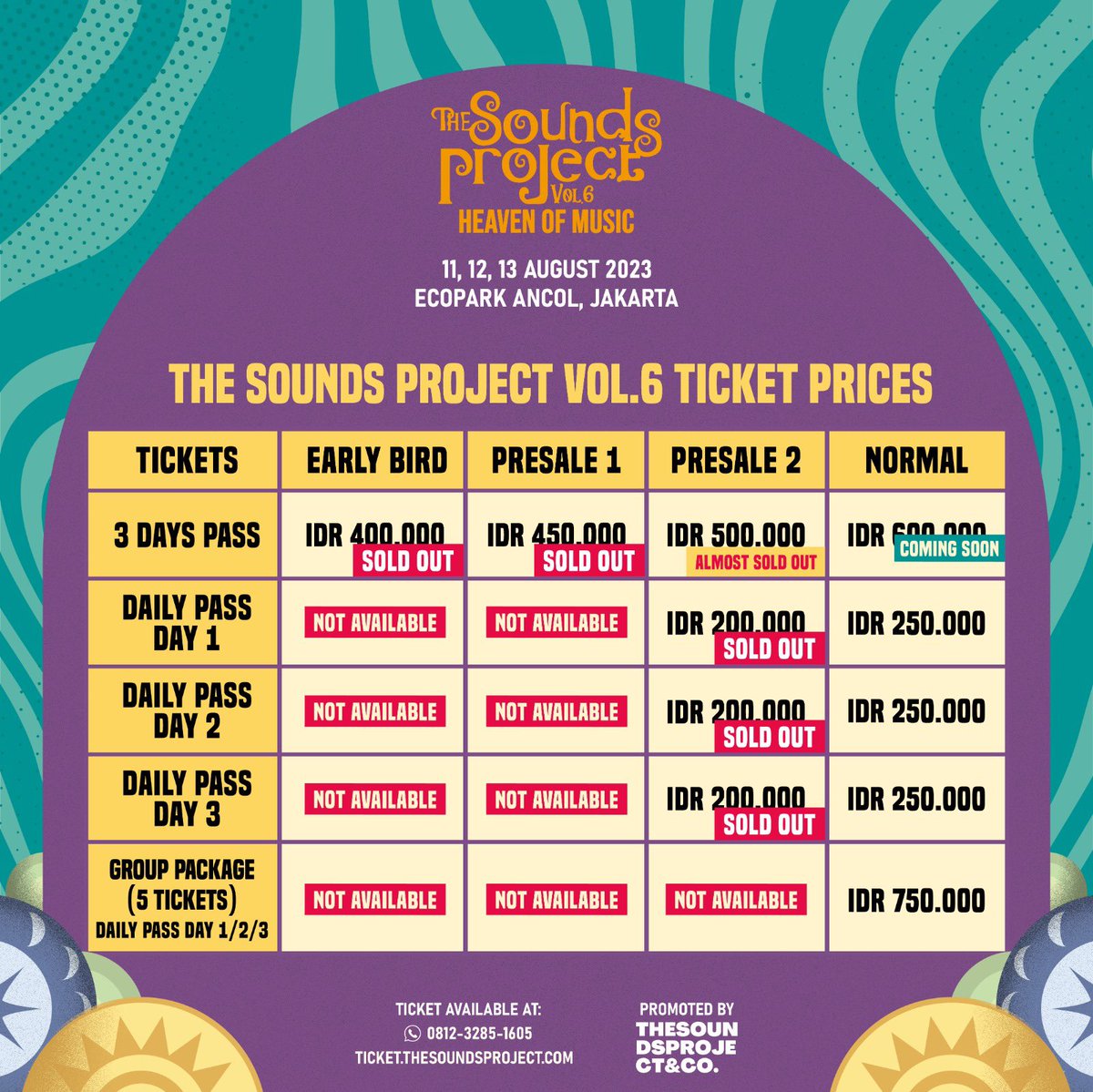 soundsproject_'s tweet photo. 𝗟𝗢𝗪 𝗧𝗜𝗖𝗞𝗘𝗧 𝗔𝗟𝗘𝗥𝗧!

Our 3 days pass presale 2 is 𝗔𝗟𝗠𝗢𝗦𝗧 𝗦𝗢𝗟𝗗 𝗢𝗨𝗧. Worry not! you can still get the rest, Gather your friends and squad - grab your “Group Package” deal! - Tiket harian minimum pembelian 5 orang seharga 750.000 https://t.co/585gjSn2GB