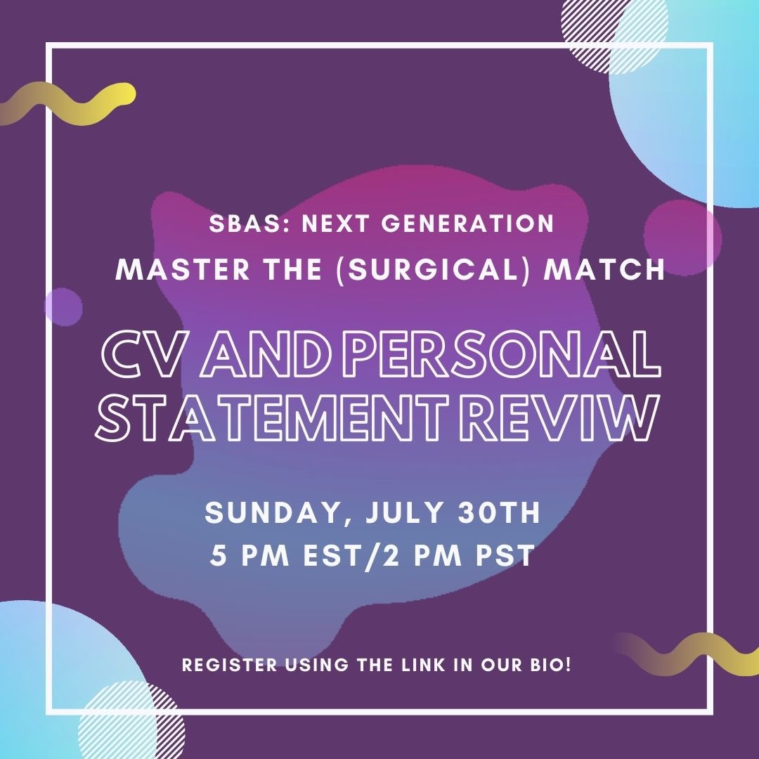 SocietyofBAS's tweet photo. Calling all MS4s! Our #SBASMedStudentCommittee is back at it bringing you great content!
Don’t miss the 1st session of Master the (Surgical) Match Series: CV & Personal Statement Review!
Join us on Sunday, July 30th: 5 pm EST/2 pm PST!
Register Here⬇️
https://t.co/ZfORXD08kk https://t.co/FP6s36PNtY