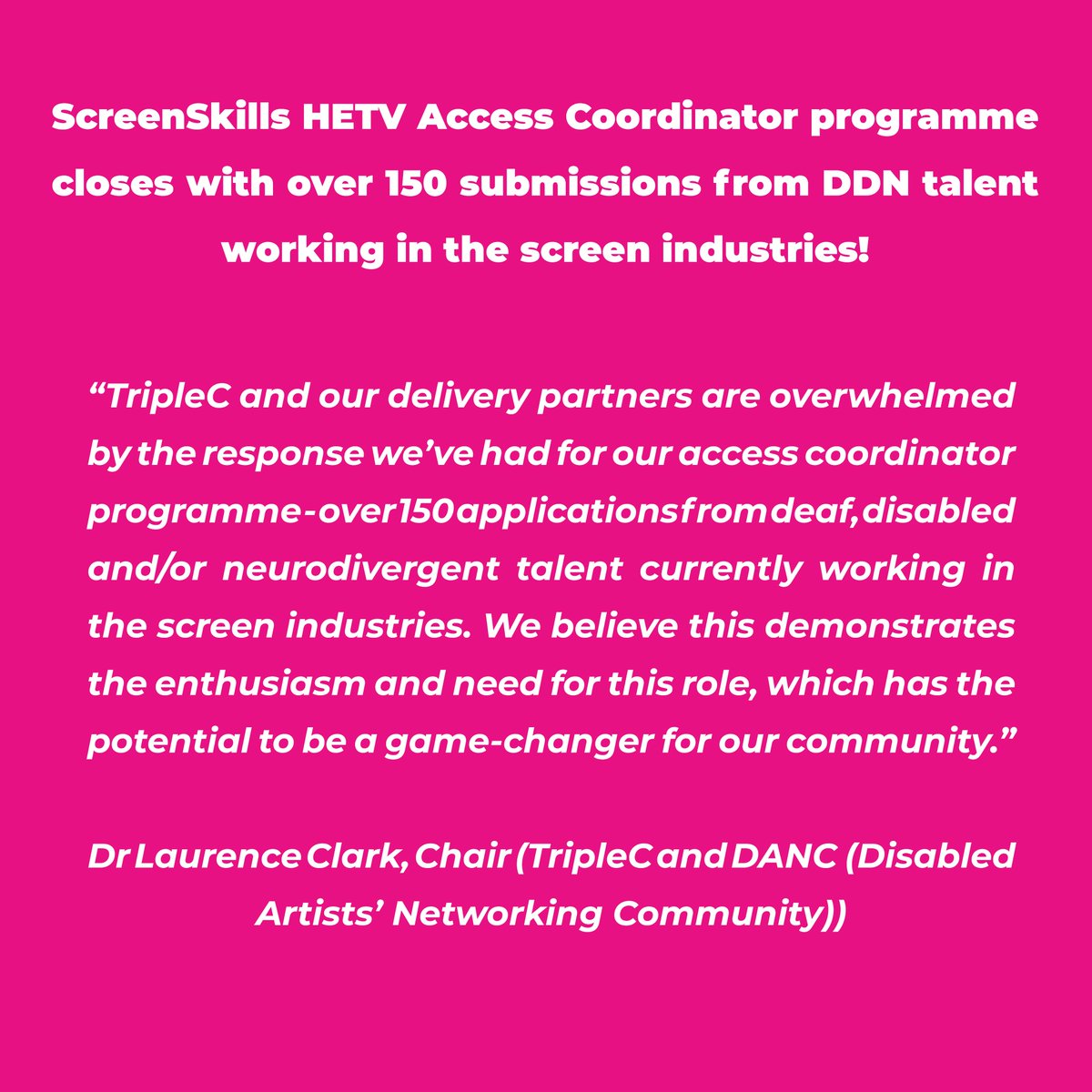 @southbankcentre @sohomediaclub1 We are pleased to announce that our #HETVSkillsFund-ed #AccessCoordinator programme has received over 150 applications from deaf, disabled and/or neurodivergent talent in the industry! The @TripleC_UK programme aims to help productions remove barriers to #access and #inclusion✅