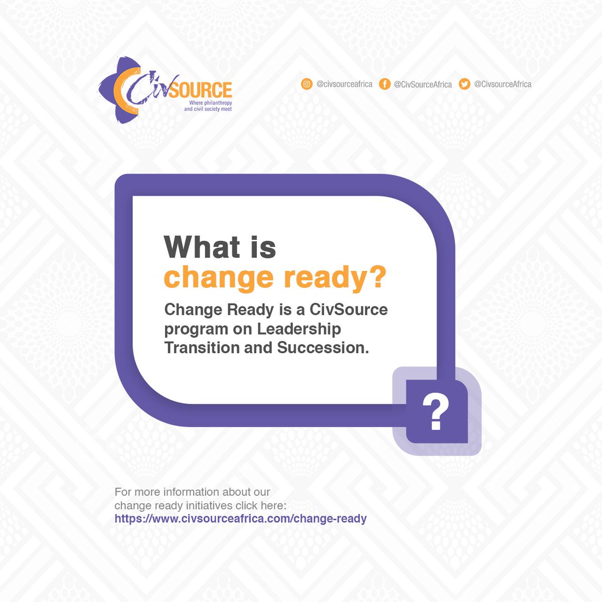 CivsourceAfrica's tweet photo. What is Change Ready?⁉️
This exciting program by CivSource Africa is all about leadership transition and succession.
Fore information ℹ️ about our Change Ready initiatives click here: 🔗https://t.co/bfLNoe5Awo
#changeready #leadershiptransitions #successionplanning https://t.co/nGgvJJ003A