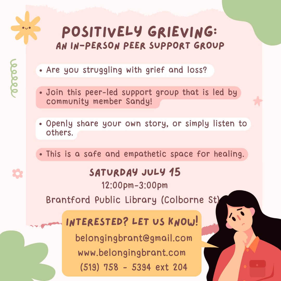 Positively Grieving, a #peersupport group for those who have experienced a loss, meets tomorrow, Saturday July 15th, at the @BtfdLibrary from 12:00-3:00PM. This is a #safe and #welcoming place to receive and offer support, #share stories, or simply #listen.