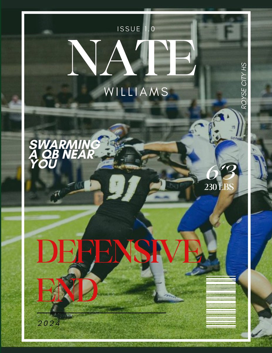 🚨Player Spotlight🚨
Username: <a href="/NateWilliams05/">Nate</a>
School: Royse City HS, TX
Year: 2024
Position: DE
Height: 6’3
Weight: 225lbs
GPA: 4.1 GPA
Accolade: Team Def. MVP
Hudl: hudl.com/video/3/145128…