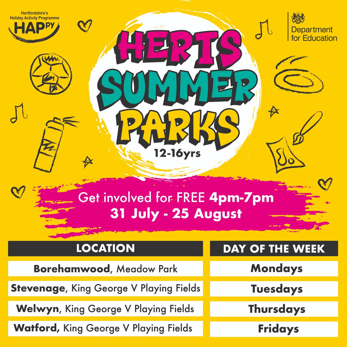 📢Herts Summer Parks

✅FREE programme in #Hertfordshire
✅Only for 12-16 year olds
✅FREE activities at each location
✅FREE food voucher to all participants

➡️Register your interest now - sportinherts.org.uk/herts-summer-p… 

#HertsSummerParks

<a href="/HertsmereBC/">Hertsmere BC</a>