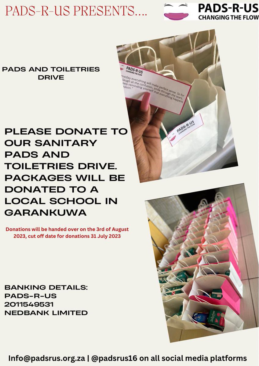 padsrus16's tweet photo. Please assist us dignify the learners of a local school in Ga-Rankuwa(Far North of Pretoria) with pads and toiletries.

No donation is too small 🙏🏾 https://t.co/u1mrjwHPO0