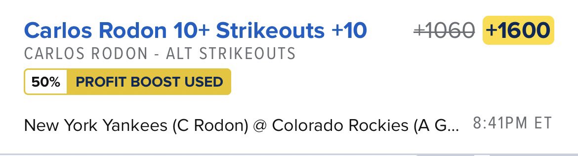 WeHitThose__9's tweet photo. ⚾️ Carlos Rodon 10+ K’s (+1600)

- Covered in L8/10 outings: (7-11-10-2-10-11-8-7-10-2)

- 12 &amp; 10 K’s in L2/3 outings vs. COL

- COL K’s the 3rd most vs. LHP this season

Should throw 80+ pitches today. Said to be feeling near 100%. I’ll take my chances.

#GamblingTwitter #MLB https://t.co/1WGWYzVMzg