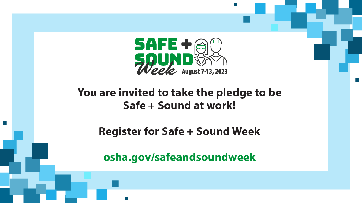 OSHA_DOL's tweet photo. Join businesses around the country in pledging your commitment to workplace health and safety during Safe + Sound Week. This year's resources and tips for businesses will focus on workplace mental health and well-being.

Sign up here 👇 
https://t.co/6NUZinq9ft https://t.co/Aq52yyRd2x
