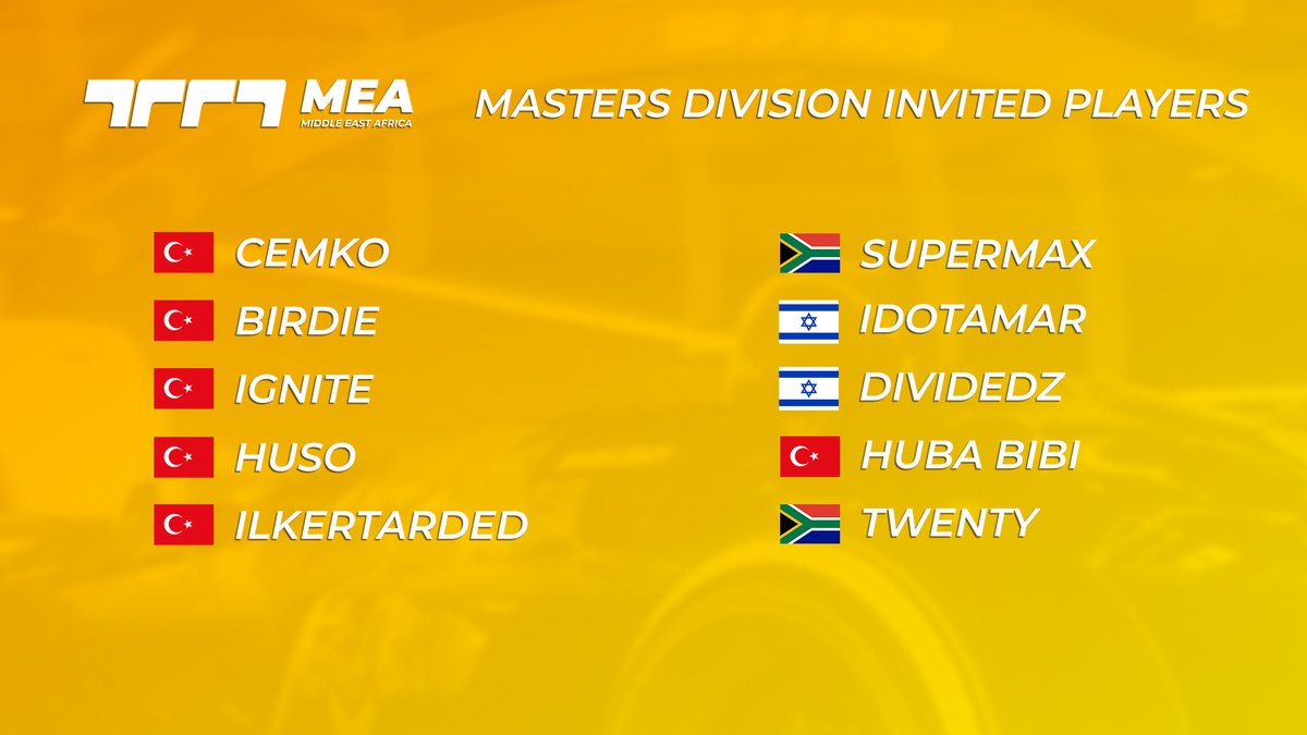 MEA_Trackmania's tweet photo. Here are your Masters Division Invited Players!
Cemko - @cemko_98 
Birdie - @sonofabirdie 
Ignite - @IgniteTM7 
Huso - @Huso1z 
Ilkertarded 
Supermax - @SuperMax_999 
Idotamar - @tamar_ido 
Dividedz
Huba Bibi - @dilegelenpanda 
Twenty - @twenty_za https://t.co/aYihOx7Dx7