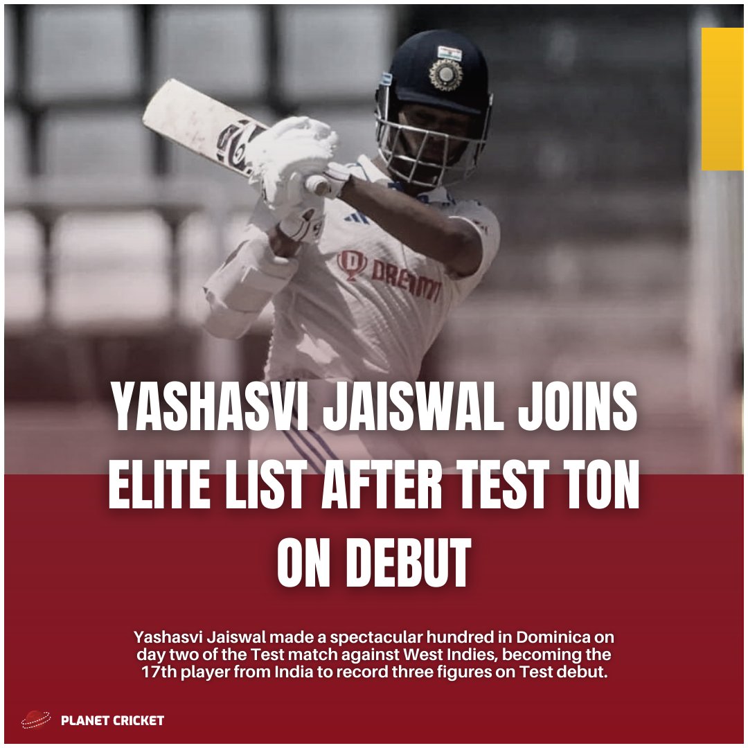 Tplanetcricket's tweet photo. #Indian Batters to Score a Test #Hundred on Debut Away from Home

Yashasvi Jaiswal, Suresh Raina, Virender Sehwag, Sourav Ganguly, Pravin Amre, Surinder Amarnath, Abbas Ali Baig

#TestCricket #INDvsWI #YashasviJaiswal https://t.co/F0aC28wf1S