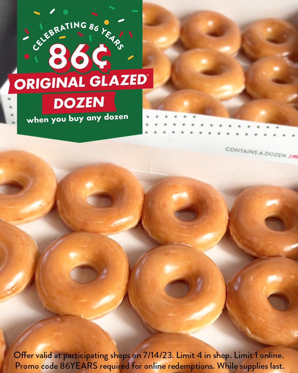 krispykreme's tweet photo. TODAY! 🍩🥳🎈 Celebrate our 86th birthday with an 86-cent Original Glazed dozen when you buy any dozen! 7/14 ONLY.

In shop or use promo code 86YEARS online ➡️ https://t.co/qZke10ComX https://t.co/zQzTZWDKdy