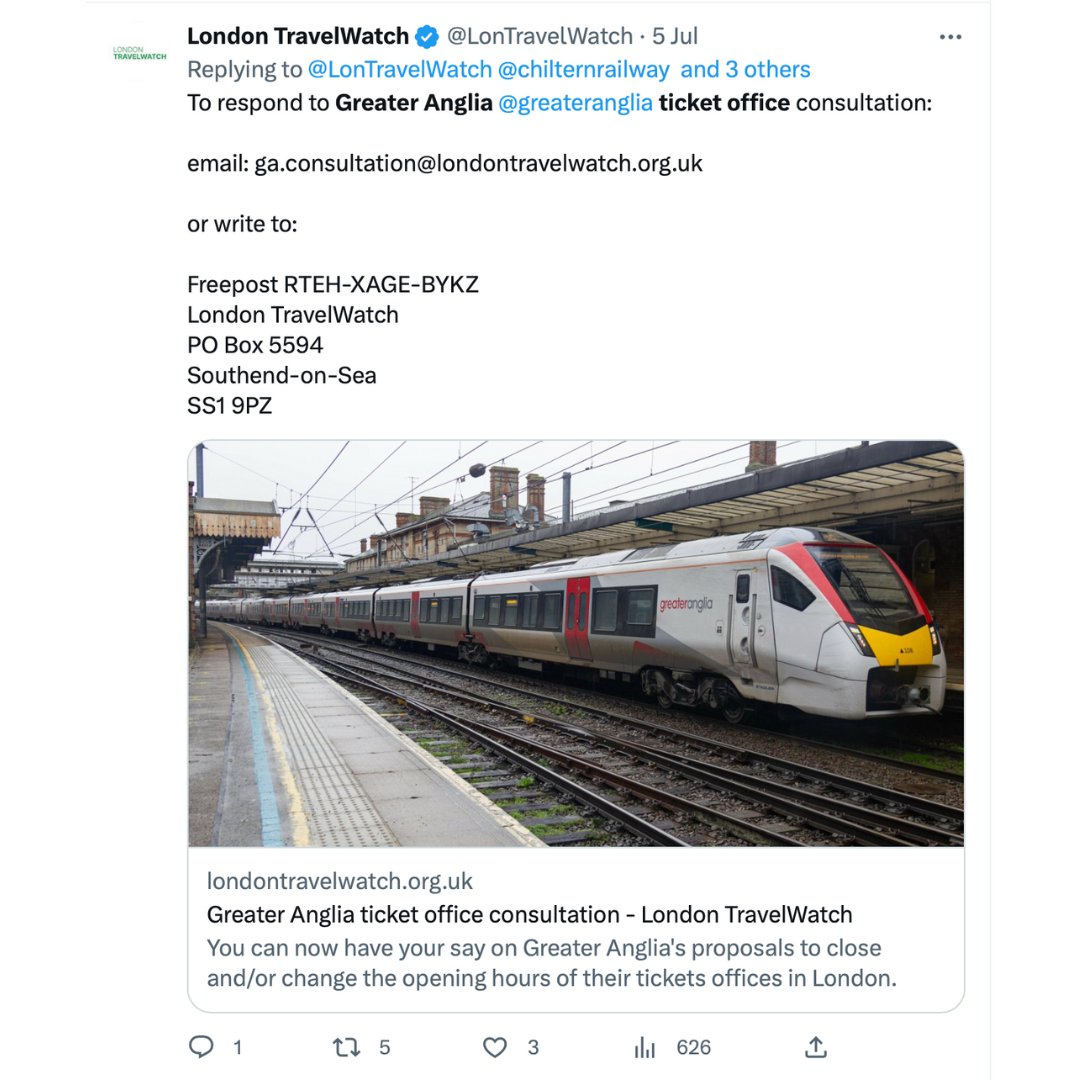 RMT (@rmtunion) on Twitter photo <a href="/greateranglia/">Greater Anglia</a> management is instructing its staff to remove Ticket Office consultation posters from ticket office windows, and banning them from handing out leaflets.
So, here's a reminder of how you can take part in the consultation to #SaveTicketOffices.
Please share. <a href="/greateranglia/">Greater Anglia</a> management is instructing its staff to remove Ticket Office consultation posters from ticket office windows, and banning them from handing out leaflets.
So, here's a reminder of how you can take part in the consultation to #SaveTicketOffices.
Please share.