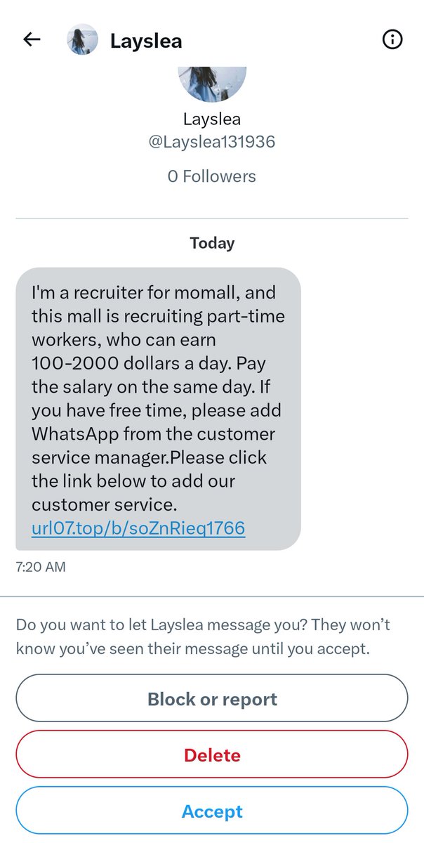 TheStripesGirl's tweet photo. 🚨Scam Alert:
An obvious scam.  They may lure you in with the promise of money, but then they'll most likely tell you there is some sort of start-up fee, or they're just looking for your personal information.
Simply report and block.
🚨 NEVER CLICK A LINK!!!

#OpScamback
#Anonymous
#Awareness