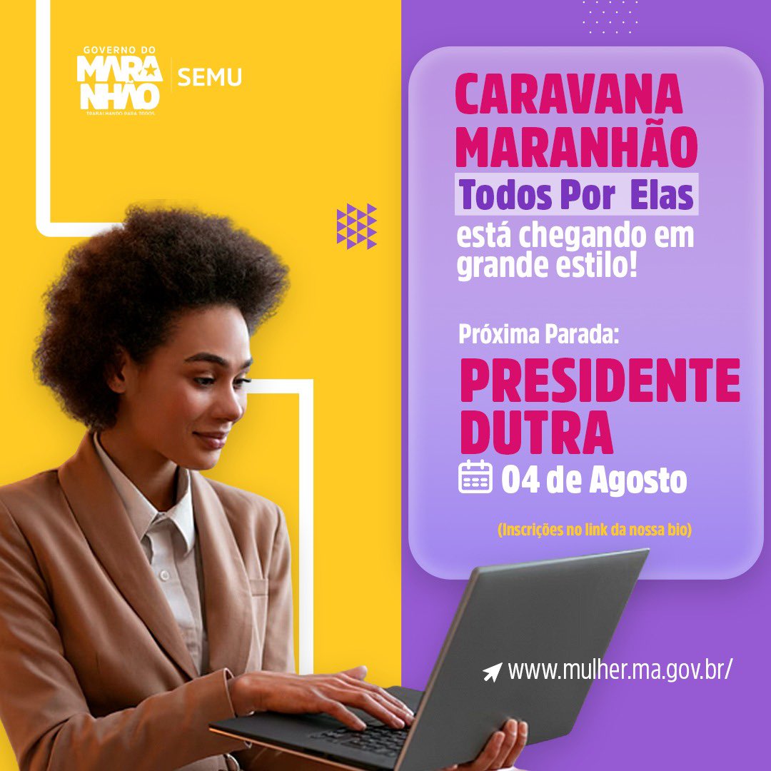 📍Mulheres de Pedreiras e Presidente Dutra, preparem-se para uma experiência incrível e poderosa! 

A Caravana "Maranhão Todos Por Elas" está percorrendo o estado, trazendo empoderamento, conhecimento e muita diversão para todas nós! E agora é a vez de vocês brilharem!