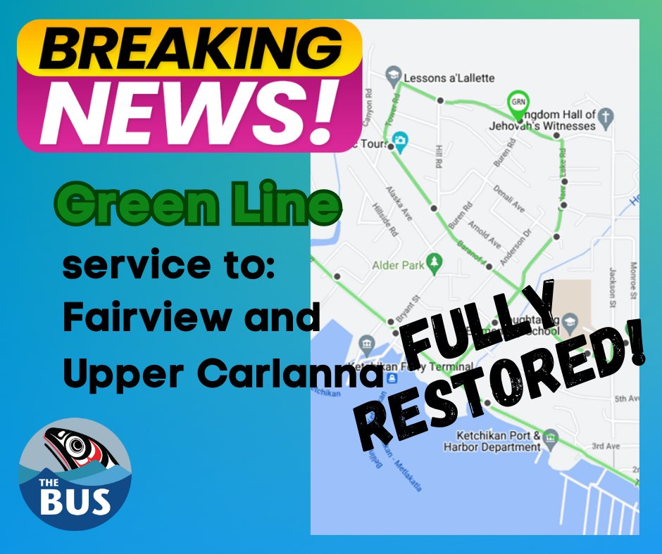 KetchikanBus's tweet photo. Fairview has reopened!🎉

Green Line will now be able to run normally and return service to:
Upper Carlanna Lake Road 
Fairview Ave 
Tower Rd 
Baranof Avenue (between Tower Rd/Carlanna Lake Rd) 

Change effective Friday, July 14th!

See you on The Bus! https://t.co/v9Vlx6GNVA