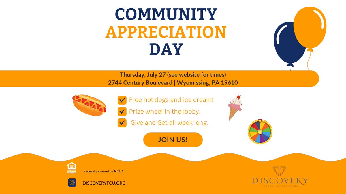 DiscoveryFCU's tweet photo. Join us for Discovery FCU's #CommunityAppreciationDay! ๐
Everyone is welcome! It's the perfect opportunity to connect with your community and learn more about the benefits of being part of the Discovery Federal Credit Union family. https://t.co/m0AUJZD0B3 https://t.co/aLuBWut0YK
