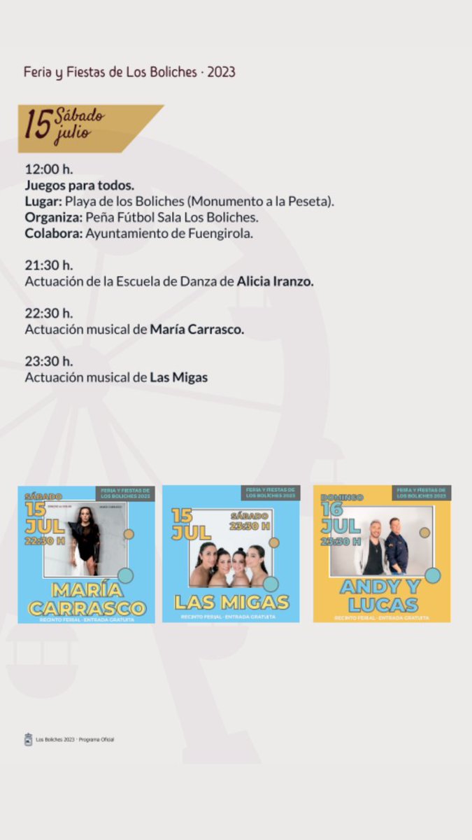 Escenapart's tweet photo. Las Migas en la Feria del Carmen de Los Boliches 🎊 #Fuengirola
🗓️Sábado 15
🕙 23:30 h
📍 Recinto Ferial
🎟️Entrada gratuita
@fuengirola 
@LAS_MIGAS https://t.co/Ba54bE7xok