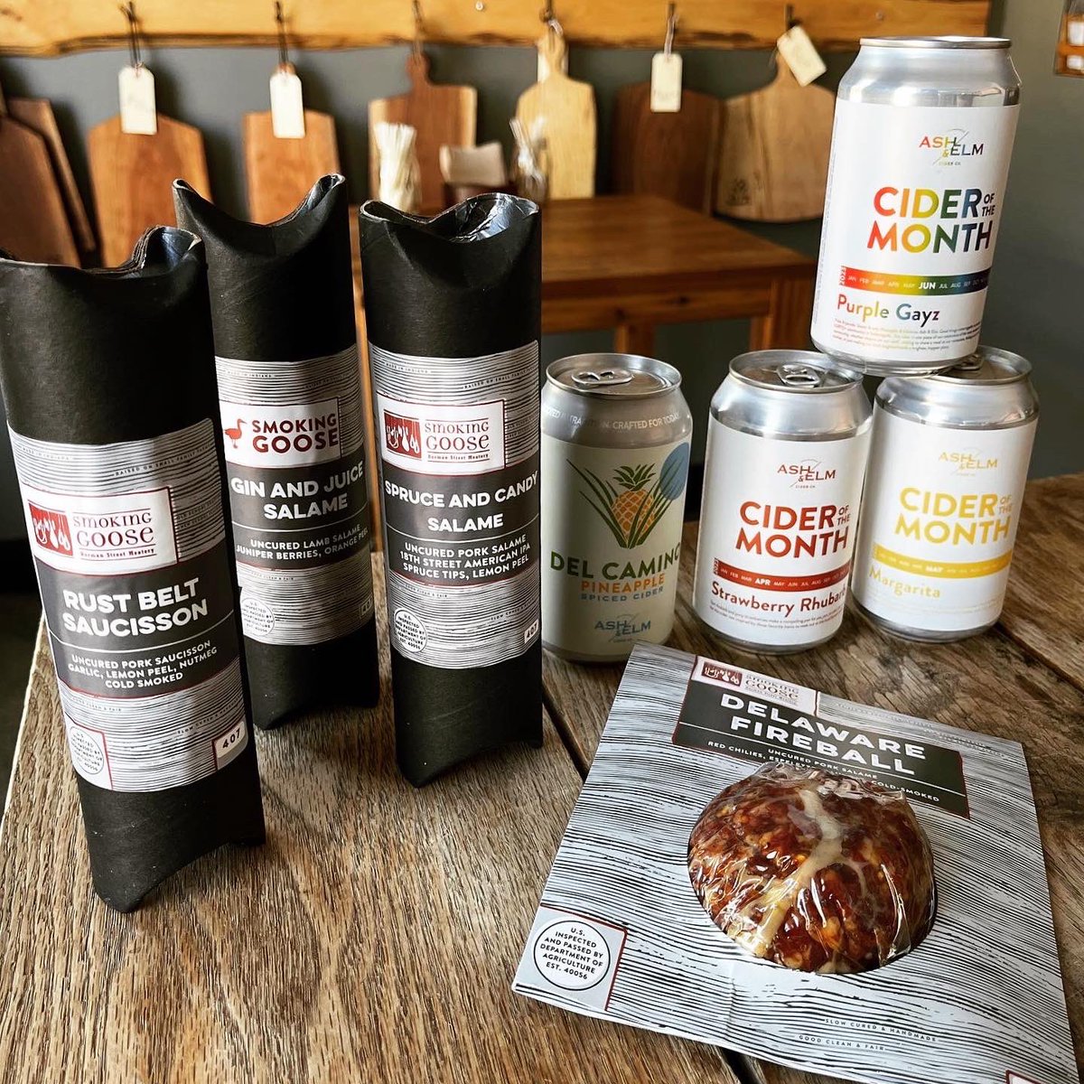 SmokingGoose's tweet photo. #FreeTastingFriday snack on #StaffPick perfect bites 12-3pm today, snag new slices packages, ask about discount code for our charcuterie pairings w/ @AshandElmCider #CiderClub releases — see you at #PublicSmokehouse inside @smokinggoose 411 Dorman St #Indy https://t.co/ppbS3dFkpu https://t.co/geV46K3YQz