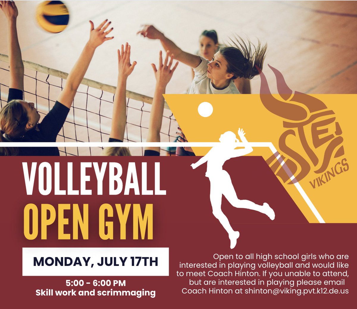 StE_Athletics's tweet photo. Join Coach Hinton for a Volleyball Open Gym!
Monday, July 17th from 5-6pm in the St. E Center Gym

If you are interested in playing high school volleyball but are unable to attend, please contact Coach Hinton at shinton@viking.pvt.k12.de.us https://t.co/6AEVsic99J