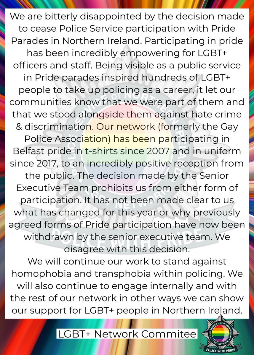 PSNILGBT's tweet photo. Our statement on the @PoliceServiceNI Senior Executive team’s decision regarding participation in @belfastpride. #PoliceWithPride https://t.co/yGDhd8tCMD