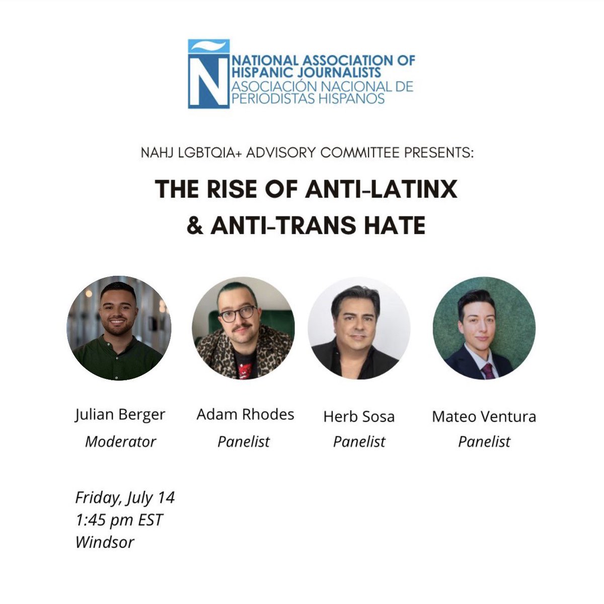 Today’s the day! I will be moderating this panel on Anti-Latinx and Anti-Trans hate this afternoon. If you are at #NAHJ2023, please stop by! 🏳️‍🌈🏳️‍⚧️