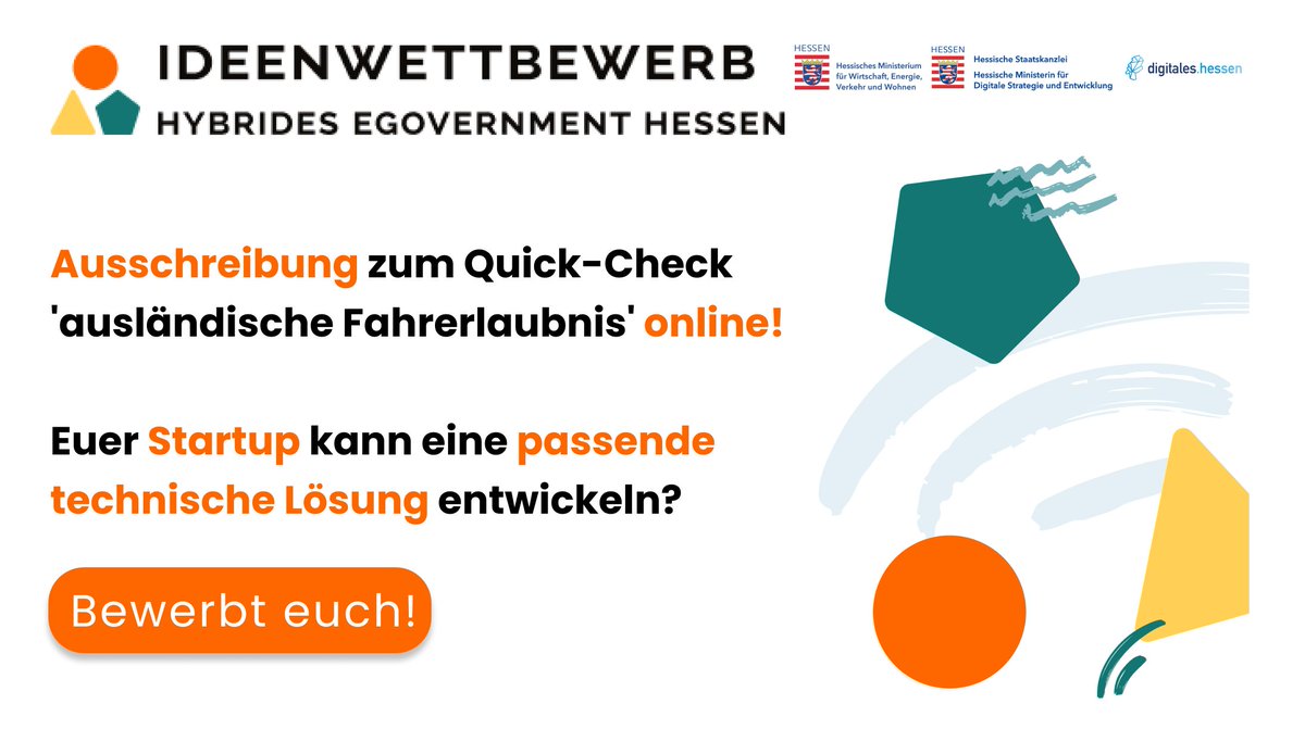 PUBLIC Deutschland (@public_germany) on Twitter photo Ideenwettbewerb <a href="/WirtschaftHE/">Wirtschaft Hessen</a> 'hybrides eGovernment' geht in die Umsetzung! März 2022 endete der Wettbewerb für #Startups, viele Ideen wurden entwickelt. Jetzt ist die passende Ausschreibung online. Das ist echter Mehrwert für Verwaltungen!
Bewerbt euch: bit.ly/ausl_FE Ideenwettbewerb <a href="/WirtschaftHE/">Wirtschaft Hessen</a> 'hybrides eGovernment' geht in die Umsetzung! März 2022 endete der Wettbewerb für #Startups, viele Ideen wurden entwickelt. Jetzt ist die passende Ausschreibung online. Das ist echter Mehrwert für Verwaltungen!
Bewerbt euch: bit.ly/ausl_FE