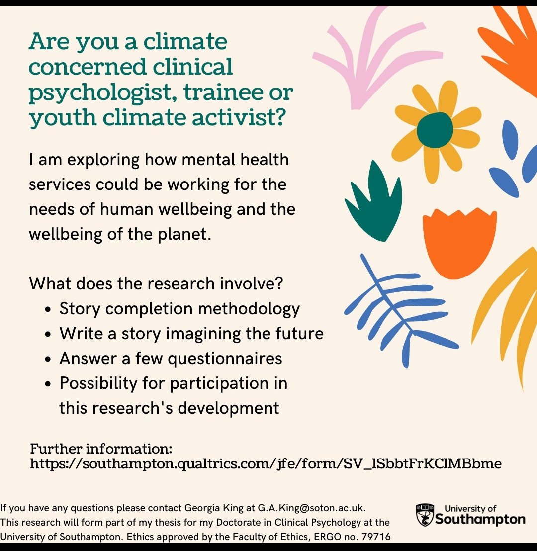 Any climate concerned clinical psychologists/trainees out there who could help with this research? #clinicalpsychology
#climatecrisis #climatepsychology
southampton.qualtrics.com/jfe/form/SV_1S…