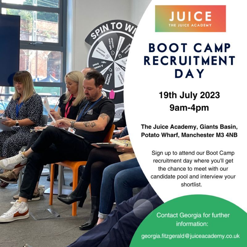 TheJuiceAcademy's tweet photo. 🚨Due to dropouts we now have some openings for #Employers to join our Boot Camp recruitment day on the 19th of July 🚨

Please get in touch with us ASAP if you or someone you know is looking to expand their marketing team and interested in hiring an #apprentice 💪 https://t.co/tJTkh1n9gn