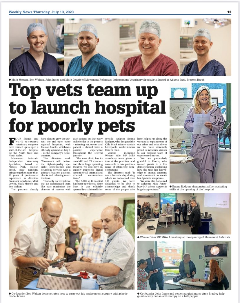 #inthenews Thank you <a href="/emmarodgersart/">Emma Rodgers</a> <a href="/MikeAmesburyMP/">Mike Amesbury</a> <a href="/FusionImplants/">Fusion Implants</a> for supporting our Official Opening. Thank you to everyone who came to support the event. We are fully open for neurology, spinal surgery and orthopaedics referrals movementvets.co.uk; Tel 01928 394733