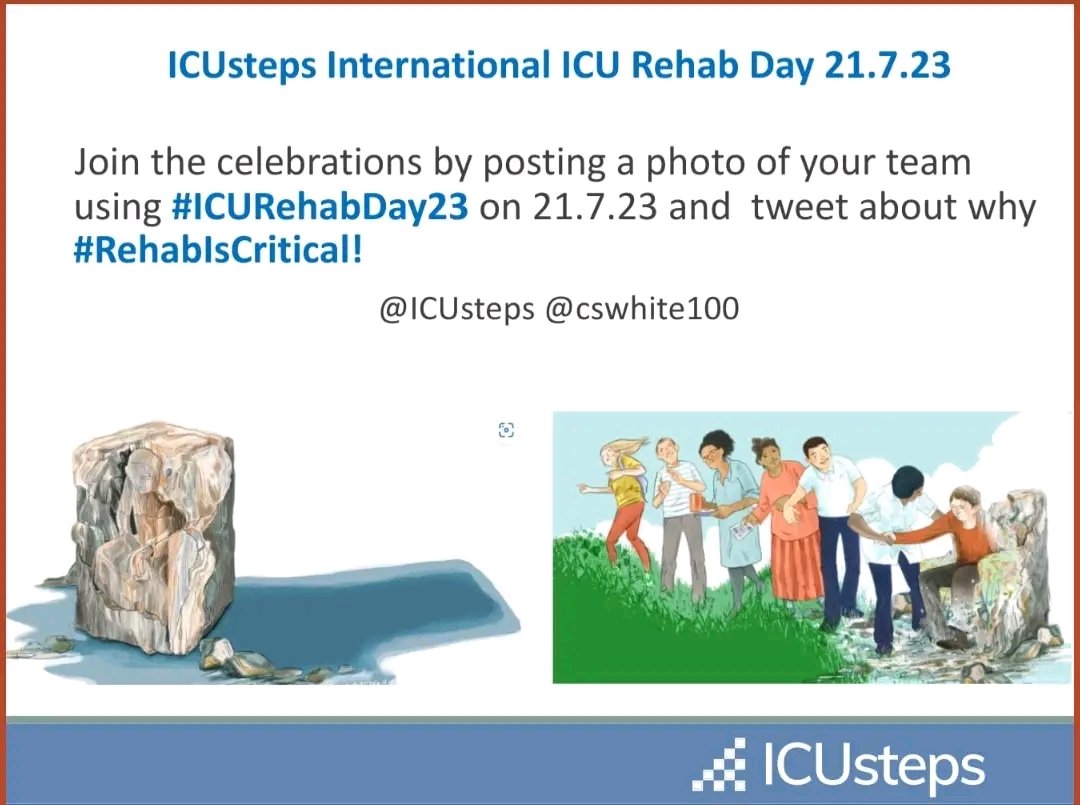 👏ICUSteps International Rehab Day 21st July 2023👏Let us know why rehab matters. Watch out for a new PCH ITU SLT post advert. A great addition to our patient focused MDT and therapist rehab ward rounds.@CwmCare @NurseGregDix #rehabiscritical #ICURehabDay23