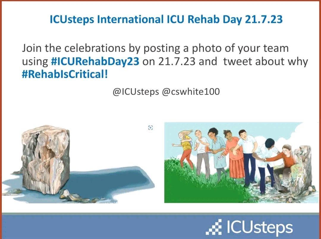 👏ICUSteps International Rehab Day 21st July 2023👏Let us know why rehab matters. Watch out for a new PCH ITU SLT post advert. A great addition to our patient focused MDT and therapist rehab ward rounds.<a href="/CwmCare/">Cwm Taf Morgannwg Critical Care</a> <a href="/NurseGregDix/">Gregory Dix</a> #rehabiscritical #ICURehabDay23