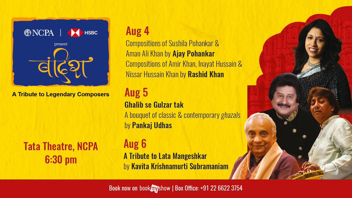 Performing for Bandish a prestigious festival presented by NCPA and HSBC on Aug 5th 2023 at Tata theater NCPA from 6.30 pm a ghazal event Ghalib se Gulzar tak a bouquet of classic and contemporary ghazals tickets on bookmyshow.com and Box Office +91 22 6622 3754