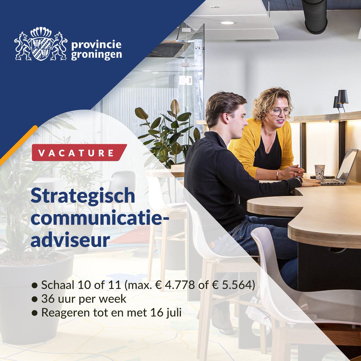 provgroningen's tweet image. Kom jij ons communicatieteam versterken? Je gaat je als strategisch communicatieadviseur bezighouden met de communicatie over de portefeuille van een van onze gedeputeerden. ➡️ werkenbijprovinciegroningen.nl/vacature/detai… #werkenbijprovinciegroningen #vacature