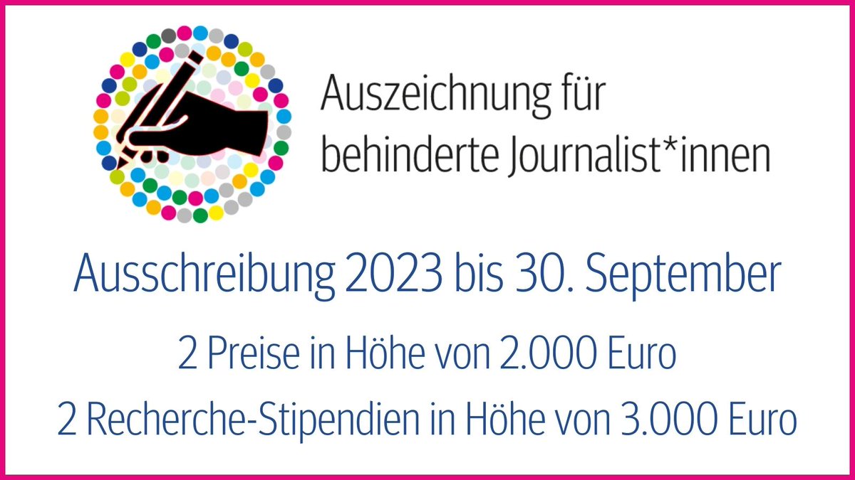 Neuer #Journalismuspreis 🥳 Im deutschsprachigen Raum wird erstmalig eine Ausschreibung von Preisen speziell für #JournalistInnen mit Behinderungen ausgelobt. Bewerben können sich alle behinderten Menschen, die journalistisch tätig sind. Mehr dazu unter 👉 journalismus-preis.org