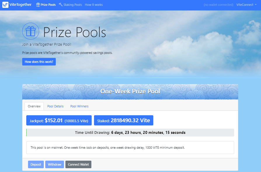 The winner for the 47th vitetogether.vivafi.org/#/prizepools draw is...

vite_6484a0b4a2ebfeaa0e3aed7129e79b2d2de4c7627aa0338723

Congratulations! 🎉Winnings will show up as user balance in pool! >10000 $VITE rewards has been loaded for new pool!

#DeFi