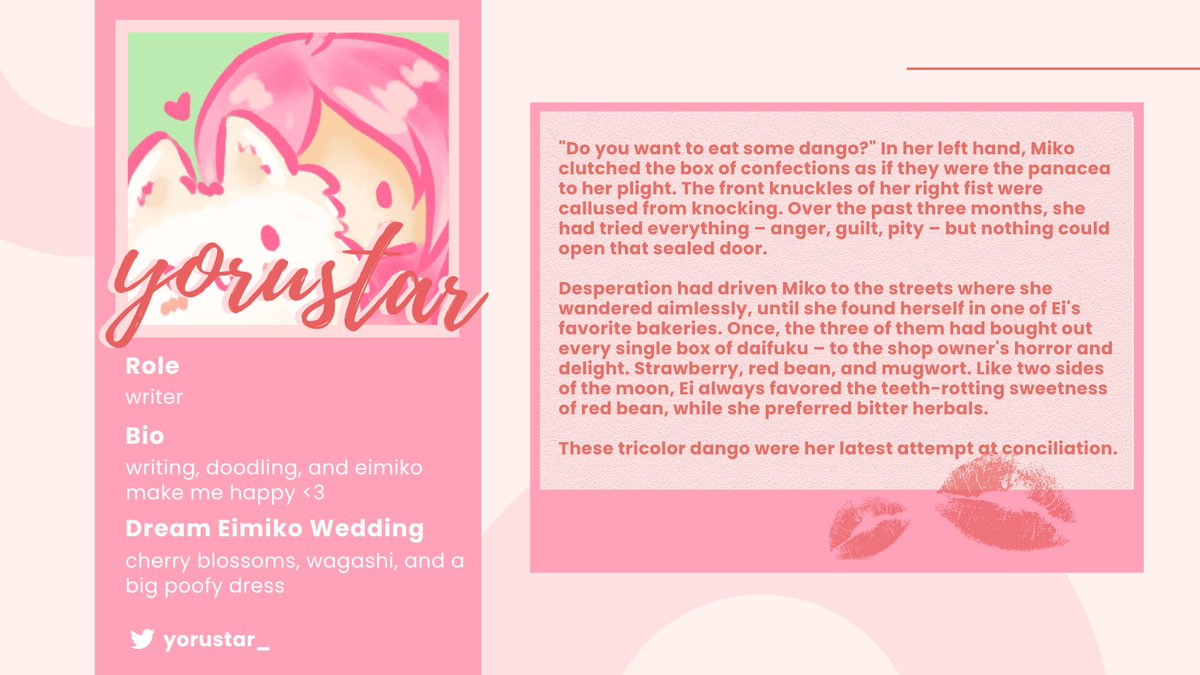 eimikowedding's tweet photo. 🦊 CONTRIBUTOR SPOTLIGHT: @yorustar_ ⚡️
ZINE ROLE: Writer
BIO: writing, doodling, and eimiko make me happy <3 https://t.co/aMdFfrowD4
