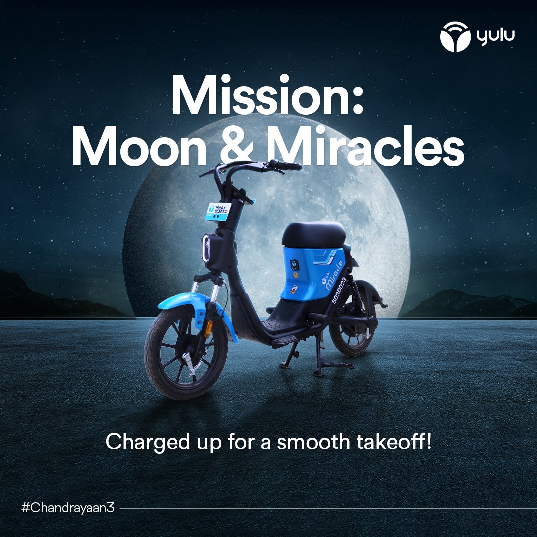 YuluBike's tweet photo. As our brand new #Yulu #MiracleNV starts it’s journey on the streets of #NammaBengaluru today, all of us at @YuluBike wish the @isro team the very best for the #Chandrayaan3 journey! 

From the roads to the #MoonMission, every right step takes us closer to a better future📷
#ISRO https://t.co/8Dffxz2aEI