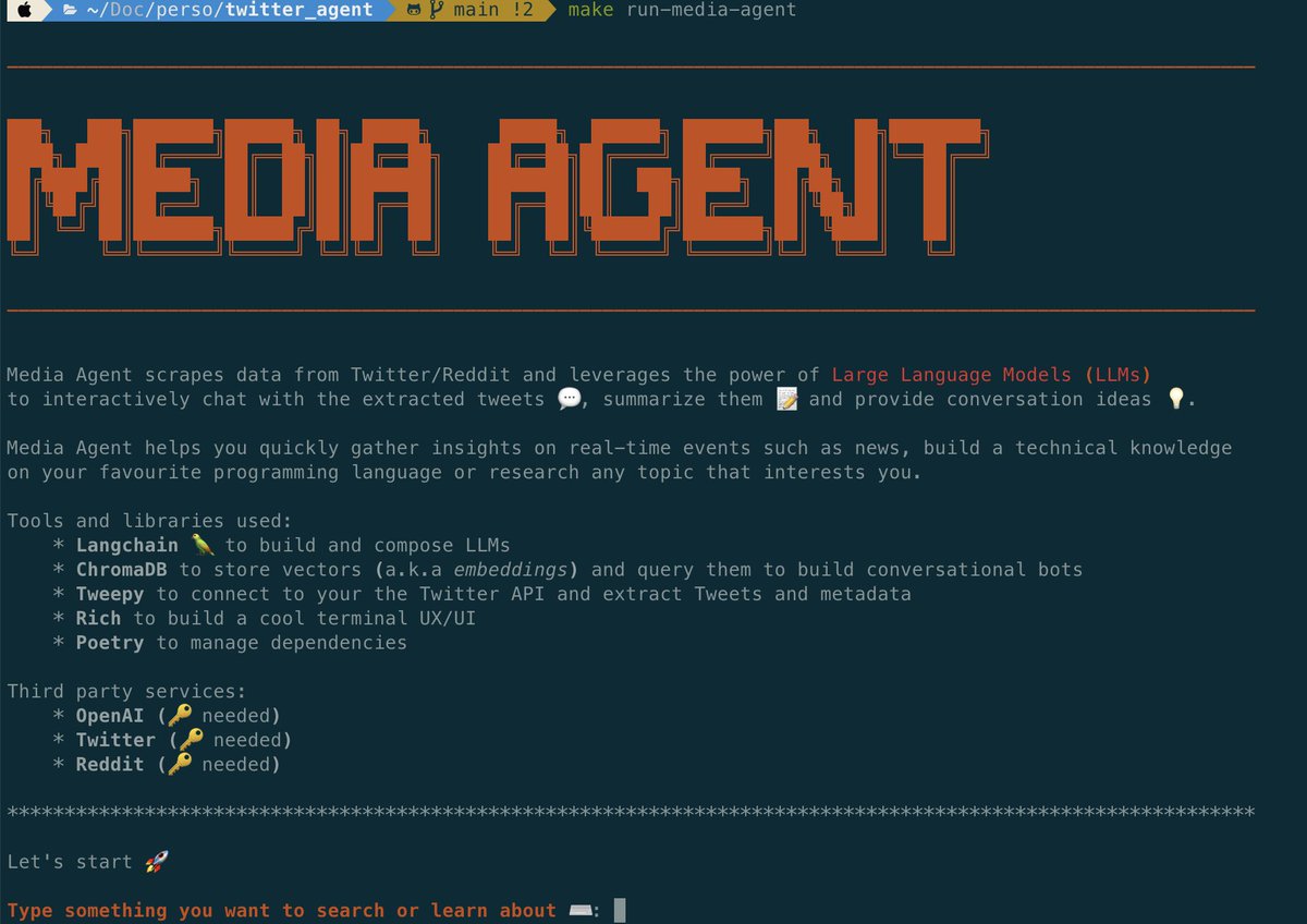 Ahmed Besbes (@ahmed_besbes_) on Twitter photo Meet Media Agent, my new project 🚀
Built with <a href="/LangChainAI/">LangChain</a>,
🔌 it connects to @Twitter and <a href="/Reddit/">Reddit, Inc.</a>
🔎 extracts posts based on search queries or usernames
💡 summarizes and embeds them in a vector db
💬 chats with them from the terminal
<a href="/hwchase17/">Harrison Chase</a>
github.com/ahmedbesbes/me… Meet Media Agent, my new project 🚀
Built with <a href="/LangChainAI/">LangChain</a>,
🔌 it connects to @Twitter and <a href="/Reddit/">Reddit, Inc.</a>
🔎 extracts posts based on search queries or usernames
💡 summarizes and embeds them in a vector db
💬 chats with them from the terminal
<a href="/hwchase17/">Harrison Chase</a>
github.com/ahmedbesbes/me…