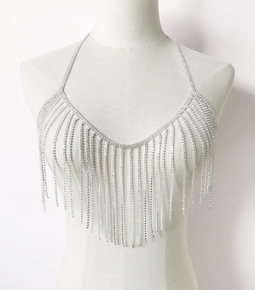 joey_suen's tweet image. Drape Rhinestone Tassel Halter Top #bodychain