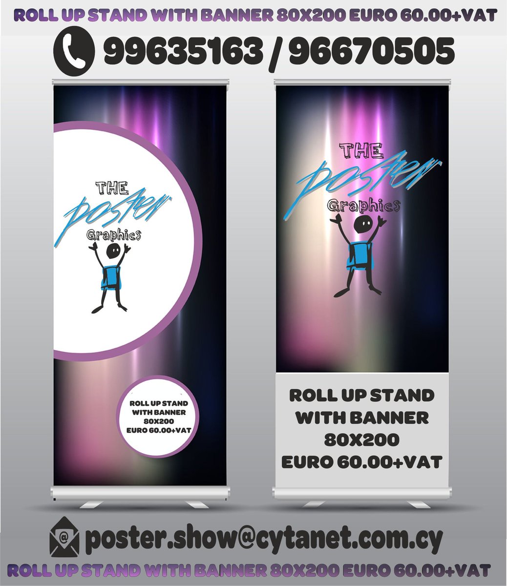 AndreouSandy's tweet photo. Roll up stand 80 x 200.
Στιβαρή ελαφριά  κατασκευή από αλουμίνιο,η Εκτύπωση τυλίγεται στο εσωτερικό της για ευκολία στην μεταφορά και προστασία. 
Συνοδεύεται  από υφασμάτινη τσάντα μεταφοράς.
Για πληροφορίες επικοινωνήστε στο 99635163 η  96670505
Email: poster.show@cytanet.com.cy https://t.co/SG1gxtapqL