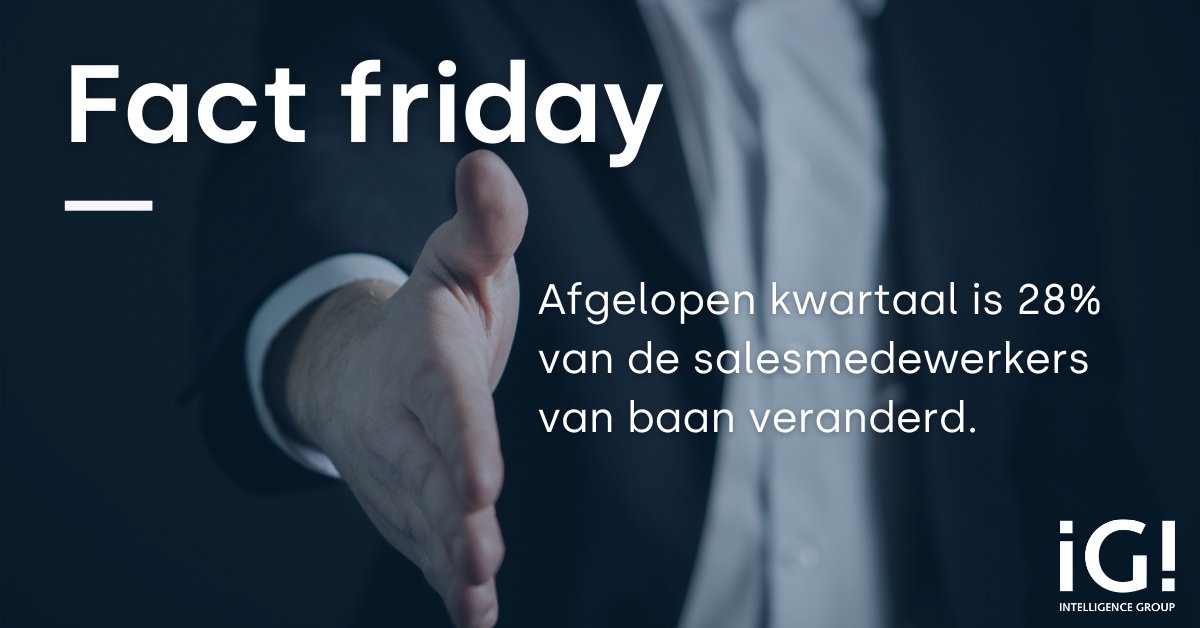 Elke vrijdag delen we een interessant feitje over de arbeidsmarkt.

Wist je dat afgelopen kwartaal maar liefst 28% van de salesmedewerkers van baan is veranderd? Dit percentage ligt aanzienlijk boven het gemiddelde van 17%.

intelligence-group.nl/nl/solutions/g…