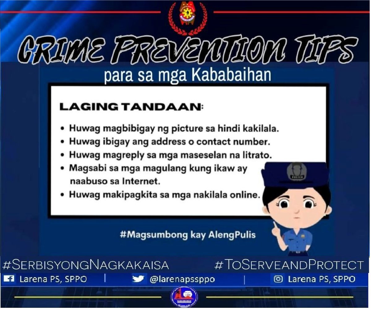 larenapssppo's tweet photo. CRIME PREVENTION TIPS
#SerbisyongNagkakaisa
#ToServeandProtect https://t.co/iMF7FClYia