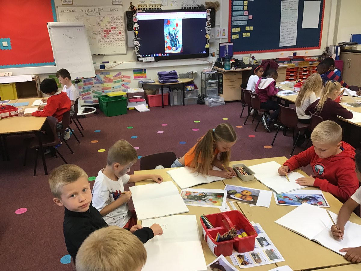 1bennion's tweet photo. Bonjour! An artistic start to French day looking at Paul cezzane‘s tulips and listening to some classic French music #frenchday https://t.co/NASB2T5qe4