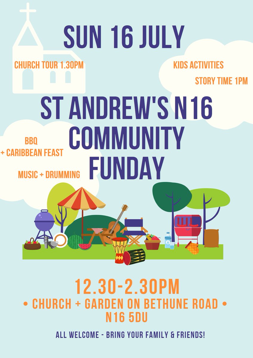 Community Funday

This Sunday 16 July pop by and join in:
bbq, caribbean feast, music, drumming circle

kids activities(incl. storytime at 1pm)

church tour at 1.30pm 

12.30-2.30pm

Church + garden on Bethune Road
N16 5DU