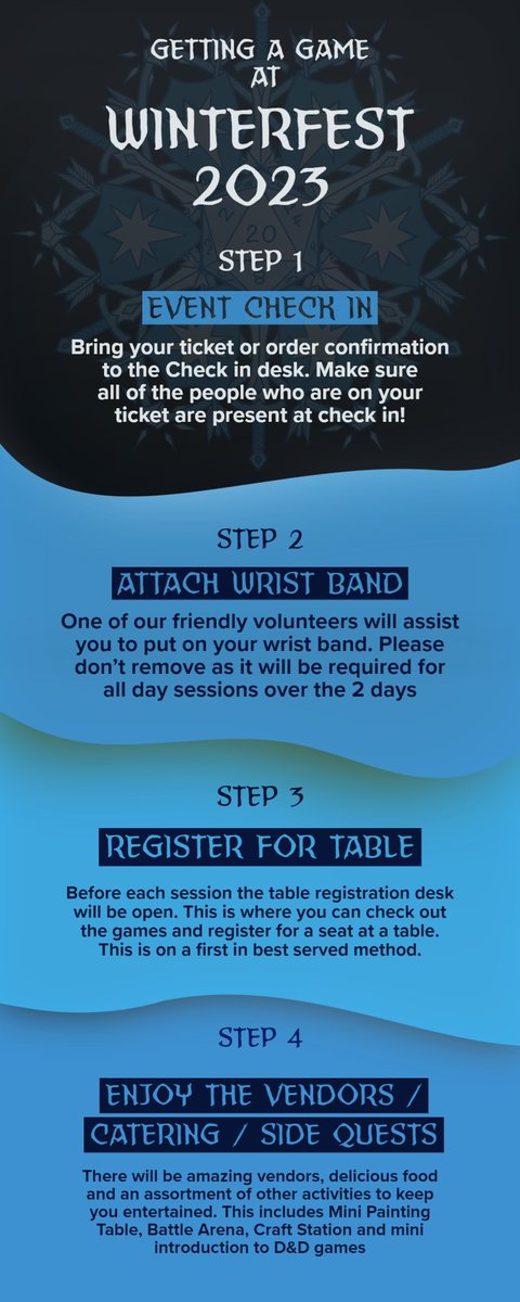 DnDWinterfest's tweet photo. Winterfest 2023 Schedule and Check-In
Check out our merch at our store: https://t.co/6PvVqz0z8N
#dndwinterfest #dnd #dnd5e #dungeonsanddragons #dungeonsanddragons5e #rpg #notforprofit #ttrpg #bridgetownwa #wathedreamstate #australiasSW #fridgetownfest #bridgetowninthewinter https://t.co/ePxIuMeqjE